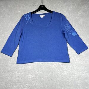 St John Sport Shirt Womens Size Large Blue Embroidered Flower Marie Gray